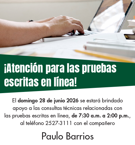 Atención a pruebas domingo 28 junio. Horario de 7:30am a 2:00pm con Paulo Barrios al telefono 25273111