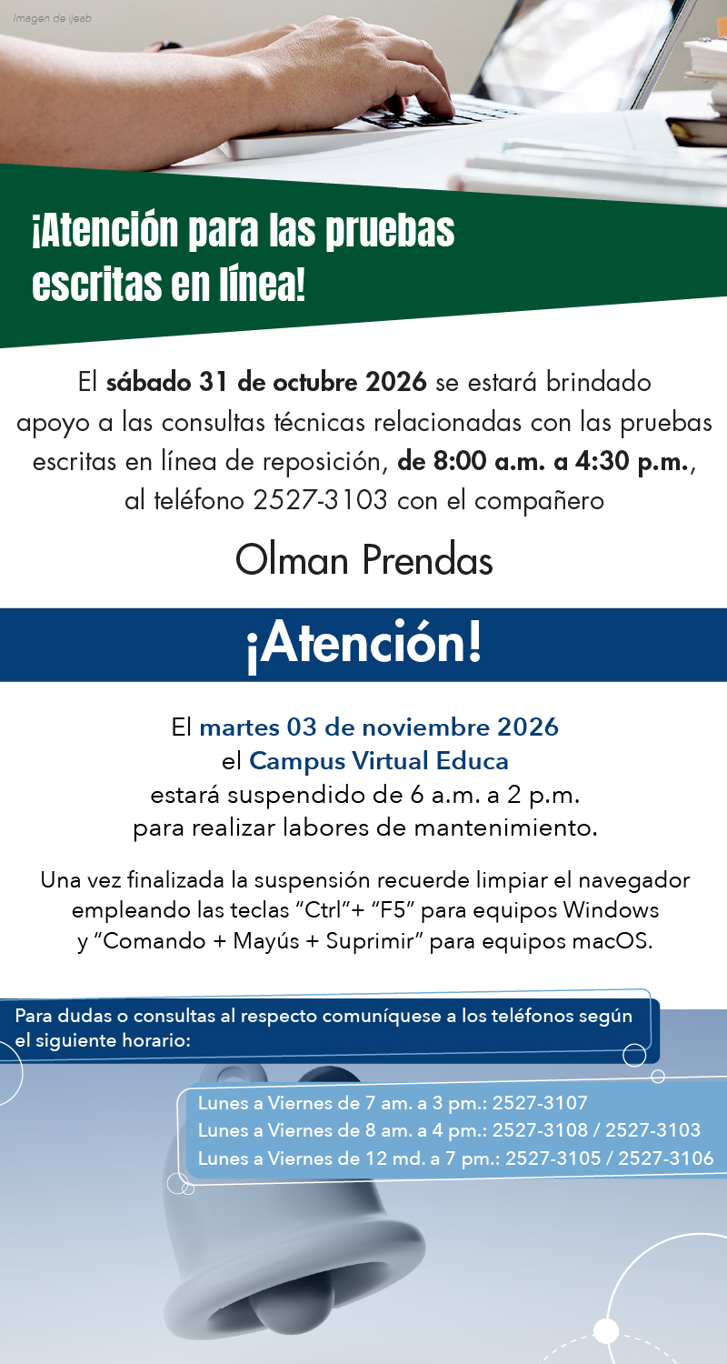 Atención a pruebas 31 octubre en horario de 8am a 4:30pm con Olman Prendas al teléfono: 25273103