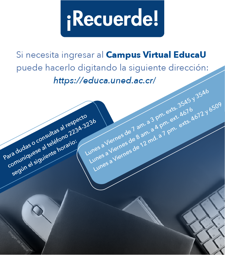 Si necesita ingresar al Campus Virtual EducaU puede hacerlo digitando la siguiente dirección: https://educa.uned.ac.cr/
